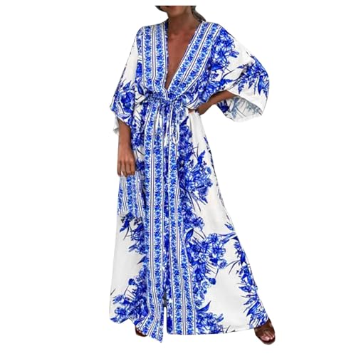 Generic Damen Kleider Sommer Elegant Sommerkleid Boho Maxikleid V-Ausschnitt Strandkleid Lang Blumenkleid High Waist Freizeitkleid Blumen Swing Flowy Tunika Kleid Urlaub Strandkleider Shirtkleider von Generic