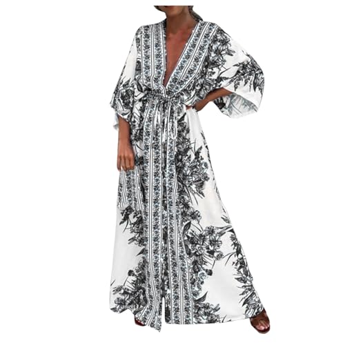 Generic Damen Kleider Sommer Elegant Sommerkleid Boho Maxikleid V-Ausschnitt Strandkleid Lang Blumenkleid High Waist Freizeitkleid Blumen Swing Flowy Tunika Kleid Urlaub Strandkleider Shirtkleider von Generic