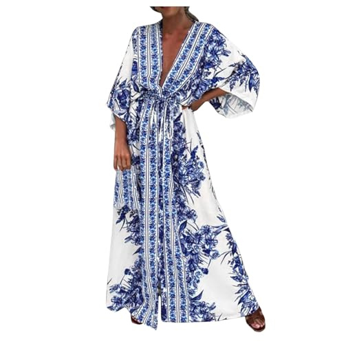 Generic Damen Kleider Sommer Elegant Sommerkleid Boho Maxikleid V-Ausschnitt Strandkleid Lang Blumenkleid High Waist Freizeitkleid Blumen Swing Flowy Tunika Kleid Urlaub Strandkleider Shirtkleider von Generic