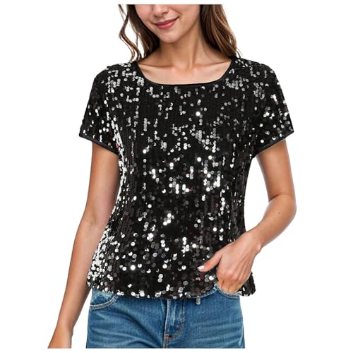 Generic Damen Kurzarm Neckholder Crop Top Pailletten Glitzer Tank Top Elegant Glänzendes Bluse Party Cocktail Oberteil Schwarz XXL von Generic