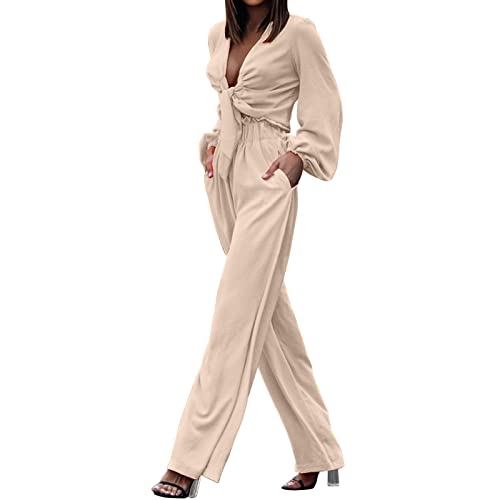 Generic Damen Langarm 2-teiliger Anzug Lässig Einfarbig Temperament Elegant Taschenhose Anzug Jogginganzug Kariert (Beige, XXL) von Generic