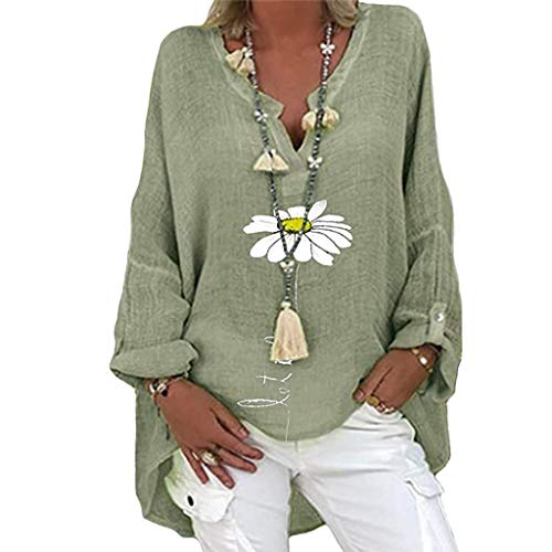 Generic Damen Langarm Leinen - Blusenshirt Blusen Große Größen Longshirt Oversize Vintage Hemdbluse V-Ausschnitt Langarmshirt Tunika BluseSweatshirt Festliche Oberteile, Grün, 5XL von Generic