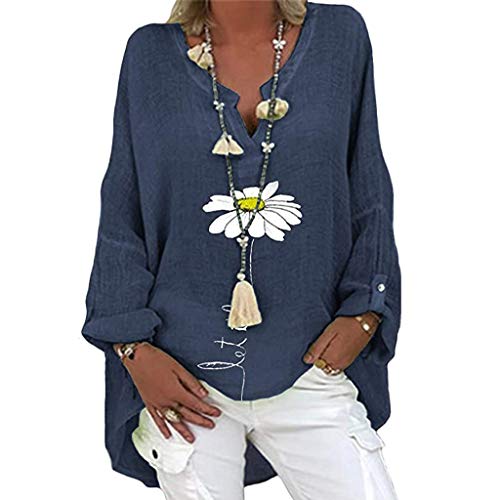 Generic Damen Langarm Leinen - Blusenshirt Elegante Blusen Große Größen Longshirt Oversize Vintage Hemdbluse V-Ausschnitt Langarmshirt Tunika BluseSweatshirt Festliche Oberteile, Marine, XXL von Generic