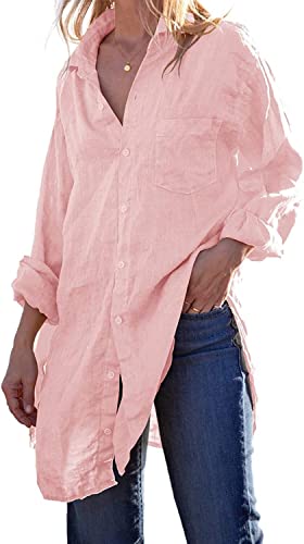 Generic Damen Langarmbluse Übergroßes Langes Sommer Einfacher Stil Leinenhemd Strand Bikini Cover Up Damen Sommer Elegantes Cocktailkleid (Color : A-PINK, Einheitsgröße : XL) von Generic