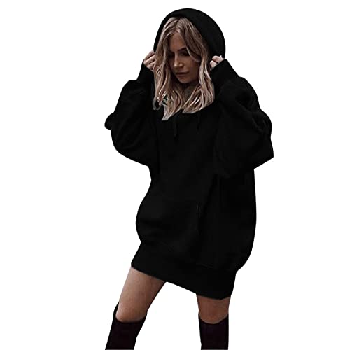 Generic Damen Lange Hoodie Kapuzenpullover Lange Hoodie Langarm Sweatkleid Lose BeiläUfige Einfarbig Pulloverkleid Mini Shirtkleid Winter Pulli, XL, Schwarz von Generic