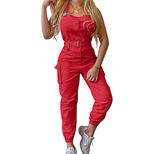 Generic Damen Latzhose Stretch Cargo Einfarbig Bandeau Slim Fit Hosenanzug Mit Taschen Und Verstellbarem Gürtel Arbeitshosen Lange Frauen Arbeitslatzhose Mit Taschen Und Verstellbarem Spaghettiträger von Generic