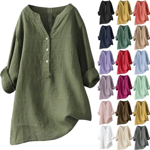 Generic Damen Leinenbluse,Top 3/4-Ärmeln Leinenbluse Damen Sommer Große Größen Hemdbluse Blusenkleid Elegant Longbluse Blusenshirt Button-Down Leinen Shirt von Generic