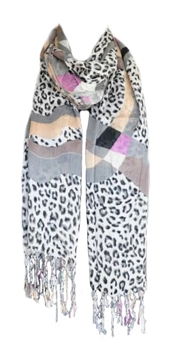Damen Leo Leopard Stola Schal Halstuch Tuch Langschal Kopftuch Fransen Lang (Grau) von Generic