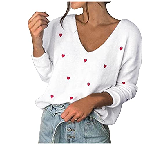 Generic Damen Love Print Button Loose Short Floral Print Langarm Pullover mit V-Ausschnitt Zwillingsherz Dreieckstuch (White, S) von Generic