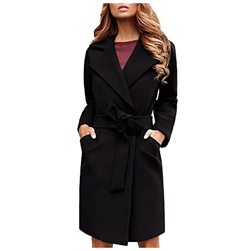 Damen Mantel Elegant Lang Wollmantel Mode Langarm Umlegekragen Einfarbig Trenchcoat Warme Outwear Herbst Winter Jacke mit Gürtel (Schwarz, M) von Generic