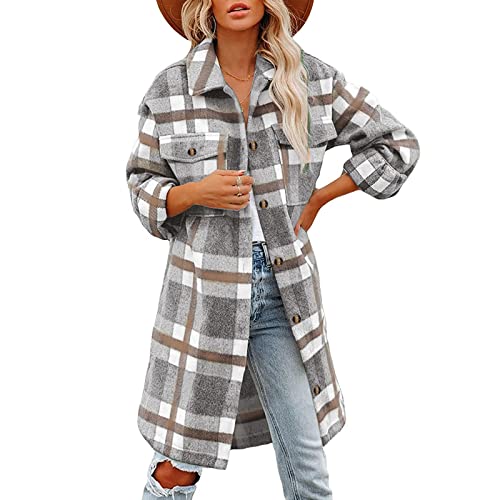 Damen Mantel Lässiges Kariert Dufflecoat Lange Ärmel Revers Wickel Outwear Warme Mittellange Karo Wollmantel Herbst Winter Einreihiger Kaschmirmantel Frauen Wintermantel (Grau, S) von Generic