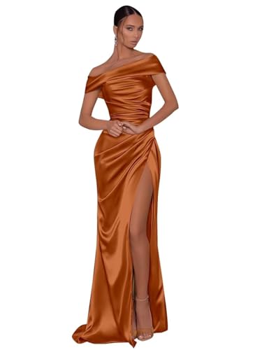 Generic Damen Meerjungfrau Ballkleider Satin Schulterfreies Brautjungfernkleid Langes Abendkleid mit Schlitz Burnt Orange S von Generic