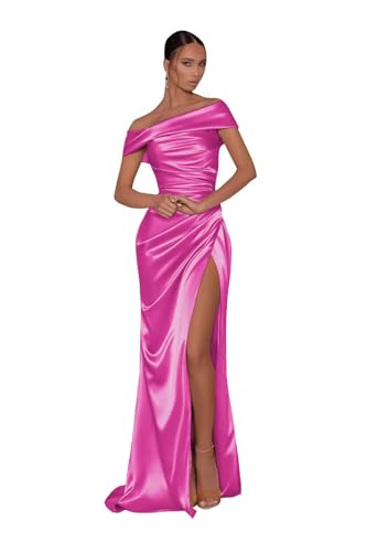 Generic Damen Meerjungfrau Ballkleider Satin Schulterfreies Brautjungfernkleid Langes Abendkleid mit Schlitz Hot Pink XXL von Generic