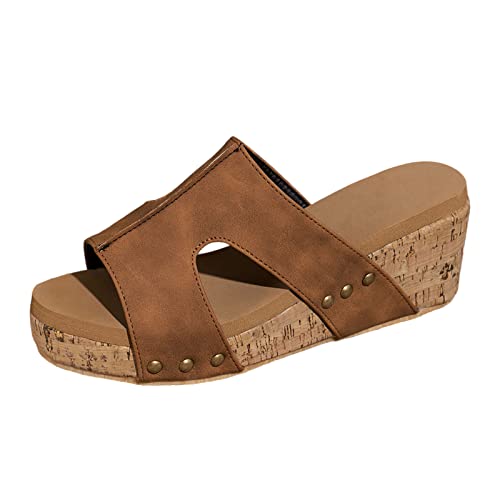 Generic Damen Plateau Pantoletten Weiche PU Leder Hausschuhe Keilabsatz Sandalen Sommer Peeptoe Sandalette Slide von Generic