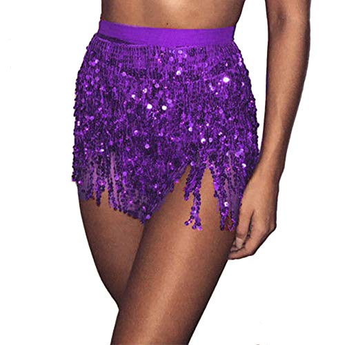 Damen Rave Rock Fransen Rock Pailletten Quaste Rock Bauchtanz Kostüm Bauchtanz Mini Rock Hüftschal Rave Outfit für Frauen und Mädchen (Lila, One Size) von Generic