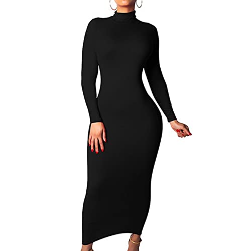 Generic Damen Rollkragen Maxikleid Rollkrag Langarm Lang Wickelkleid Einfarbig Elegant HIPS-Wrapped Eng Kleid Partykleid (S,Schwarz) von Generic