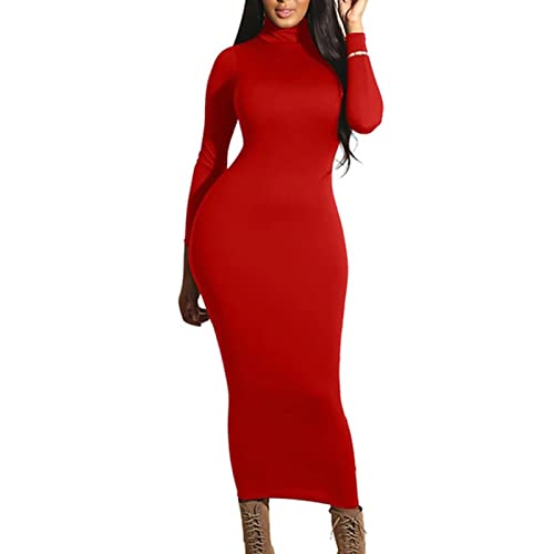 Damen Rollkragen Maxikleid Rollkrag Langarm Lang Wickelkleid Einfarbig Elegant Hips-Wrapped Eng Kleid Partykleid (M,Rot) von Generic