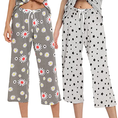 Damen Schlafanzughose-3/4 Lange Pyjamahose Frauen(Medium,graue Blume+graue Stern) von Generic