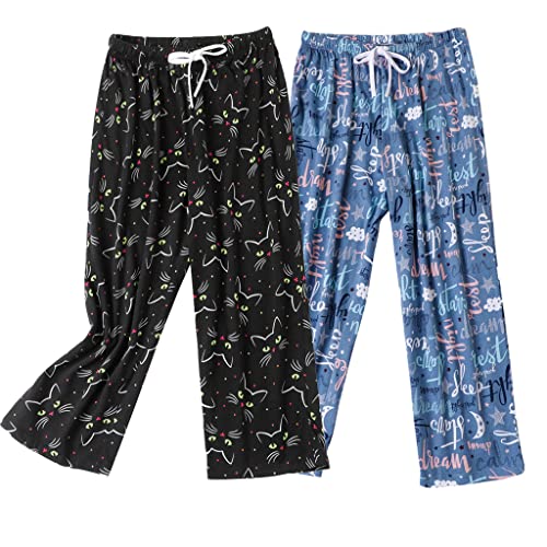 Damen Schlafanzughose-3/4 Lange Pyjamahose Frauen(Medium,schwarze Katze+blaues Alphabet) von Generic