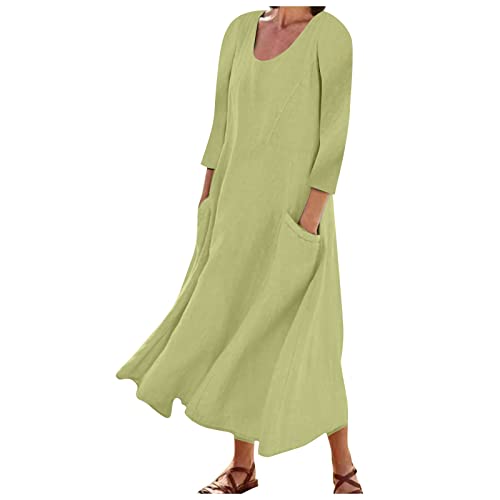 Generic Damen Sommer Baumwoll Leinen Kleid Ärmelloses Rundhals Boho Sommerkleid Strandkleid Einfarbig Locker Kaftan Langes Kaftan Kleid mit Taschen von Generic