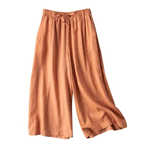 Damen Sommer Lang Weites Bein Weiß High Waist Stretch Bequem Hose Leicht Luftig Sommerhose Elegant Locker Schlupfhose Stoffhose schmale und vielseitige gerade Hose in Übergröße (Orange, L) von Generic