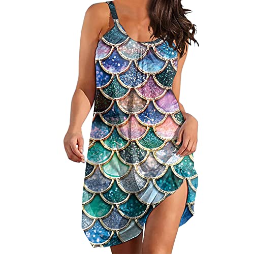 Generic Damen Sommerkleid Kurz Boho Kleid Meerjungfrau Fischschuppe Druck Tank Kleid trägerkleid Strandkleider Casual Hawaii Kleid Partykleider von Generic
