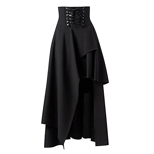 Damen Steampunk Rock Röcke A-Linie Mittelalter Gothic Kleidung Vintage Baumwolle Schwarze Spitzenröcke Lolita High Taille Walking Rock mit Rüsche Spitzensaum Maxirock von Generic