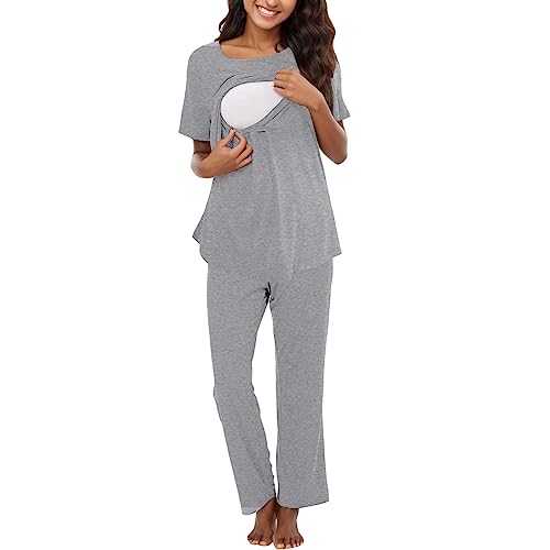 Damen Stillpyjama Langarm gestreift Thermo Umstandsschlafanzug Set Winter Umstandsmode Hausanzug für Schwangerschaft Stillzeit von Generic