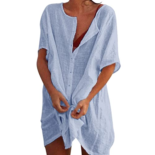 Generic Damen Strandkleid Bikini Cover Up mit Rund Ausschnitt Knopfleiste Kurzarm Beach Strandponcho Pareos Sommerkleid Locker Bademode Strandtunika Vertuschen Shirt für Urlaub Strandkleid von Generic