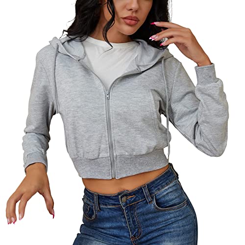 Damen Sweatjacke Bauchfrei Kapuzenpullover Zip up Langarm Kurz Hoodie Sweatshirt Crop Pullover Kapuzenjacke Cropped Jacke Kordelzug Reißverschluss Kurze Kapuzenpulli Tops von Generic