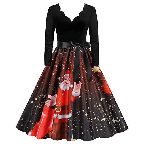Generic Damen Weihnachtskleid Abendkleider Oversize V-Ausschnitt Hepburn Kleid Faltenrock Langarm Weihnachten Kleider mit Reißverschluss Vintage Slim Fit Partykleid Weihnachtspullover, schwarz, XXL von Generic