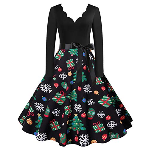 Generic Damen Weihnachtskleid Abendkleider Oversize V-Ausschnitt Hepburn Kleid Faltenrock Langarm Weihnachten Kleider mit Reißverschluss Vintage Slim Fit Partykleid Weihnachtspullover, Schwarz, XXL von Generic