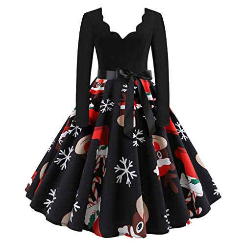 Generic Damen Weihnachtskleid Abendkleider Oversize V-Ausschnitt Hepburn Kleid Faltenrock Langarm Weihnachten Kleider mit Reißverschluss Vintage Slim Fit Partykleid Weihnachtspullover, Z1-schwarz8, L von Generic