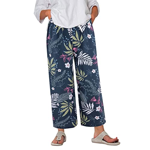 Damen Weite Bein 7/8 Länge Strandhose Hose Blumenmuster Schlafanzughose weich Pyjamahose Fitness Freizeithose Strandhose Weites Bein Hose Jogginghose Sporthose (Marine, One Size) von Generic