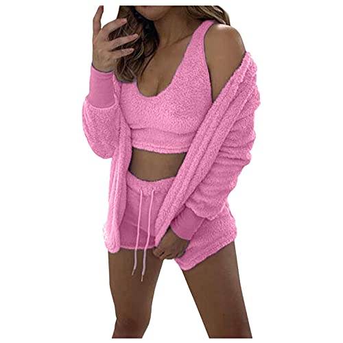 Damen Wintermode Warm Dreiteiliges Set Weiche Warme Flanell Shorts Pyjama Set Niedlicher Katzenbart Mit Kapuze Nachtwäsche Anzug Schlafanzug Damen Sexy Kurz Set (Pink, S) von Generic