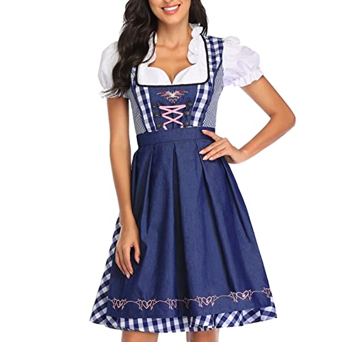 Dirndl Damen midi Trachtenkleid Damen Trachtenrock Trachtenmode Kleid Dirndlbluse für Oktoberfest (01 Blau, M) von Generic