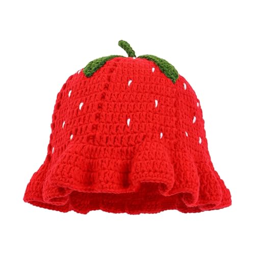 Generic Erdbeer-Beanie - Handgemachte Erdbeer-Blumenmütze | Tragbarer einzigartiger Erdbeerhut | Warme gestrickte Erdbeermütze | Rot | Damen, Unisex, Erwachsene, Jugendliche | M von Generic
