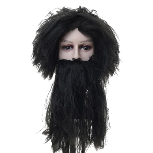 Generic Falscher Bart, Bart eines alten Mannes | Herrenperücken und Bart für Cosplay - Lockiges Haar-Perücke, Höhlenmensch-Bart und Perücken-Set, Kostümzubehör für Halloween, Karneval, Kostümparty von Generic