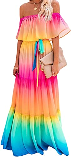 Generic Farbverlauf Sommer Maxi Kleider Für Einfacher Stil Frauen Plus Größe Schulterfrei Partykleid Chiffon Bandeau Trägerlos Damen Blumen Boho Lange Kleider (Color : Orange, Einheitsgröße : XXL) von Generic