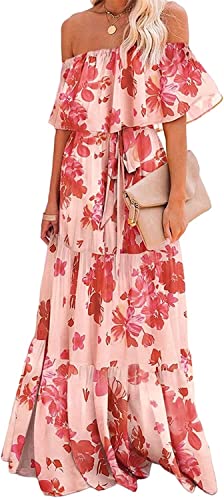 Generic Farbverlauf Sommer Maxi Kleider Für Einfacher Stil Frauen Plus Größe Schulterfrei Partykleid Chiffon Bandeau Trägerlos Damen Blumen Boho Lange Kleider (Color : PINK, Einheitsgröße : M) von Generic