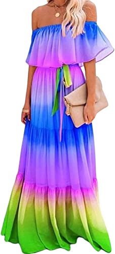 Generic Farbverlauf Sommer Maxi Kleider Für Einfacher Stil Frauen Plus Größe Schulterfrei Partykleid Chiffon Bandeau Trägerlos Damen Blumen Boho Lange Kleider (Color : PURPLE, Einheitsgröße : M) von Generic