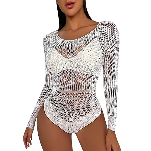 Damen Nachthemd Sexy Body Sheer Dessous Transparent Negligee Mesh Glitzer Babydoll Langarm/Kurzarm Bodysuit Bluse Tops Hollow Out Chemise Fischernetzt One Size Nachtwäsche von Generic