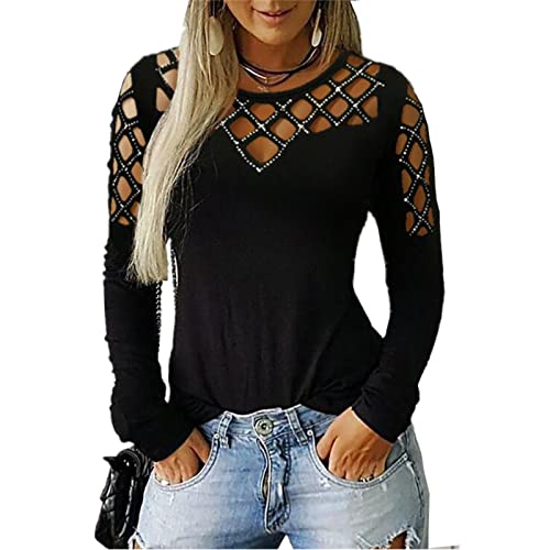 Generic Frauen Relaxed Shining Strass Bluse Cutout Kalte Schulter Langarm Basic Tunika Hohl Out O Neck Pullover (Schwarz,XXL) von Generic