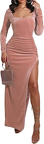 Generic Frauen Samt Langarm Schlitz Kleid Einfacher Stil V-Ausschnitt Cocktailkleid Vintage Abendkleid Party Arbeit Elegantes Kleid (Color : PINK, Einheitsgröße : L) von Generic