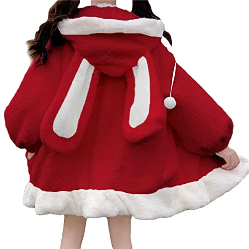 Generic Frauen Süße Warme Jacke Lolita Kleid Japanischer Stil Herbst Winter Kawaii Weiche Lammwolle Rüschen Kaninchenohren Kapuzenmäntel Mädchen Parkas Outwear, X06 Red von Generic