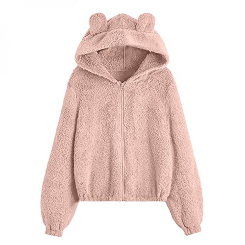 Generic Frauen Süße Warme Jacke Lolita Kleid Japanischer Stil Herbst Winter Kawaii Weiche Lammwolle Rüschen Kaninchenohren Kapuzenmäntel Mädchen Parkas Outwear, XL, Y-Rosa von Generic