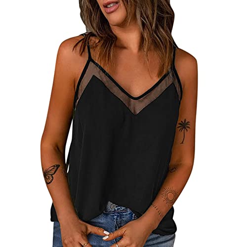 Frauen sexy einfarbige ärmellose Weste Mesh-Nähte lose Tankbluse Damen Unterhemd Mit Spitze Schwarz von Generic