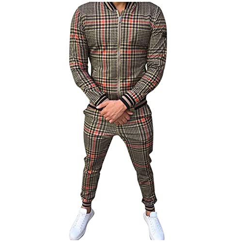 Generic Herren Kariertes Hausanzug Jogginganzug Langarm Sportanzug Trainingsanzug Slim Fit Reißverschluss Sweatjacke Sporthose Trainingshose Anzug Check Zweiteiler(Coffee, L), Kaffee von Generic