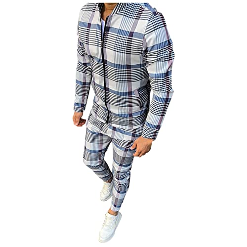Freizeitanzug Herren Kariertes Hausanzug Jogginganzug Langarm Sportanzug Trainingsanzug Slim Fit Männer Reißverschluss Sweatjacke Sporthose Trainingshose Anzug Check Zweiteiler von Generic