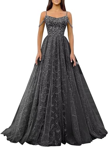 Generic Glitzernde Pailletten-Abschlussballkleider SpaghettiträGer Glitzer-TüLl,Formelle Ballkleider Schulterfreies A-Linien-Partykleid FüR Frauen Black XXS von Generic